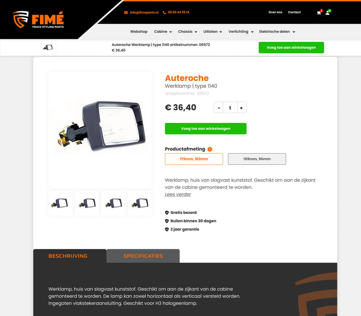 Webshop ontwerp product detailpagina Fimé truck styling parts