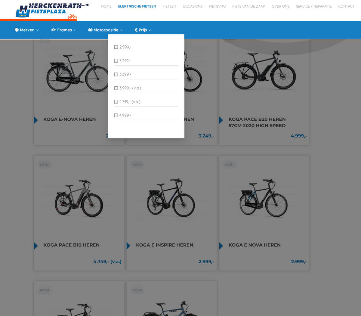 Website Herckenrath met uitgebreide filteropties voor aanbod fietsen